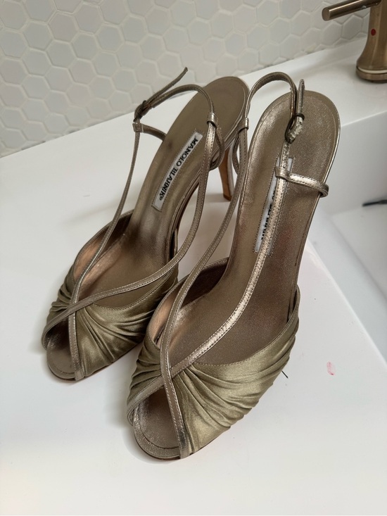 Manolo Blahnik Shoes - Manolo Blahnik Vintage Y2K Metallic Gold Slingback Peep-Toe Heels